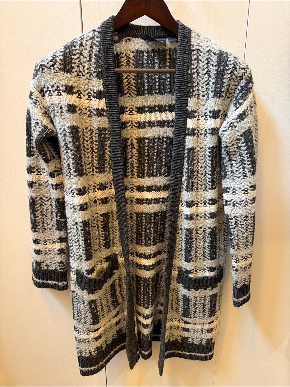 Anthropologie Gray & Cream Plaid Open-Front Knit Cardigan